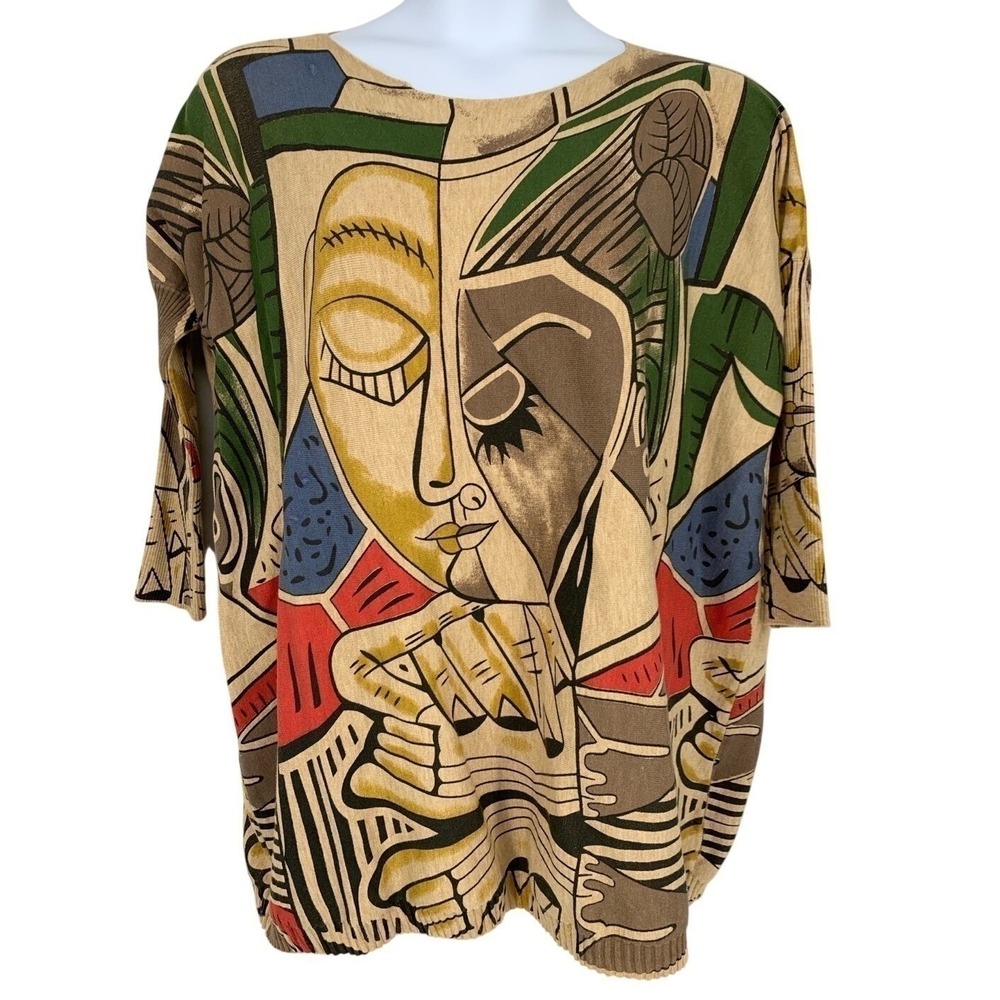 Ellazhu One Size Art To Wear Abstract Face Sweater Tunic Boho Art